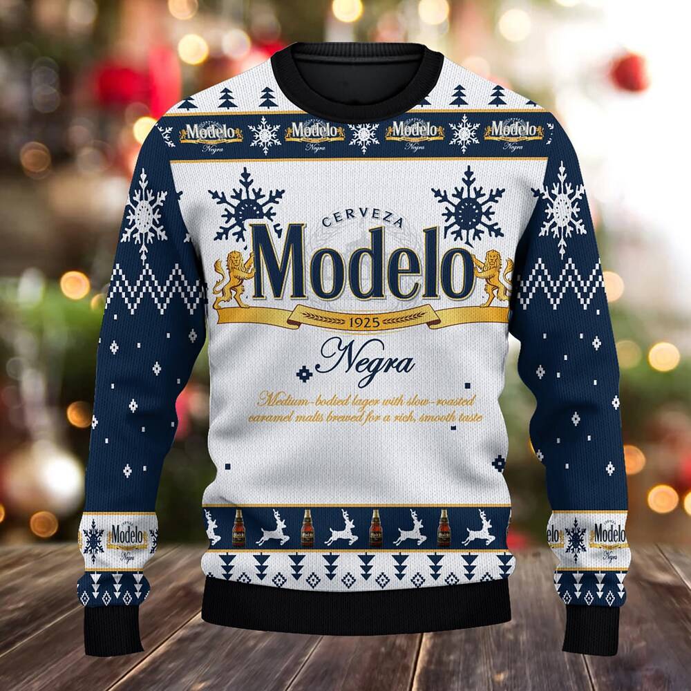 Customized Modelo Negra Beer Ugly Christmas Sweater with Personalized Name, Unique Xmas Gift, All-Over Print Festive Sweater