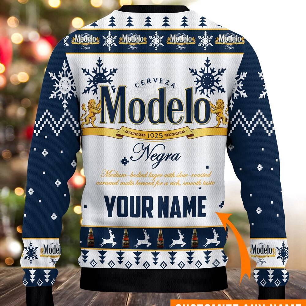 Customized Modelo Negra Beer Ugly Christmas Sweater with Personalized Name, Unique Xmas Gift, All-Over Print Festive Sweater