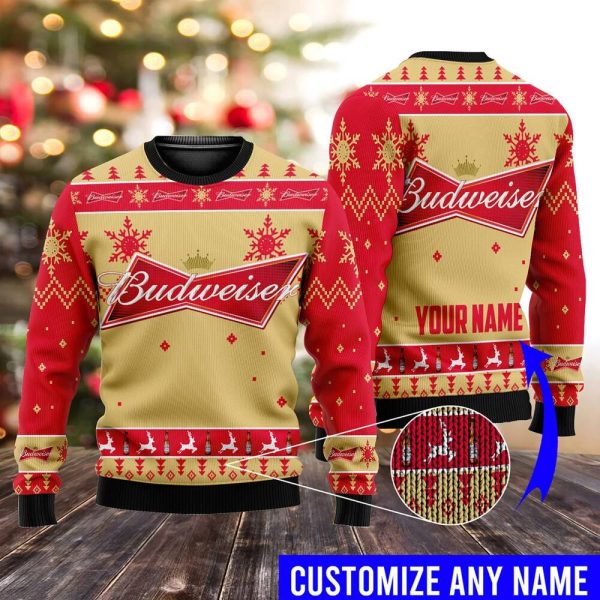 Custom Name Budweiser Beer Ugly Christmas Sweater, Personalized Xmas Gift and All-Over Print Delight