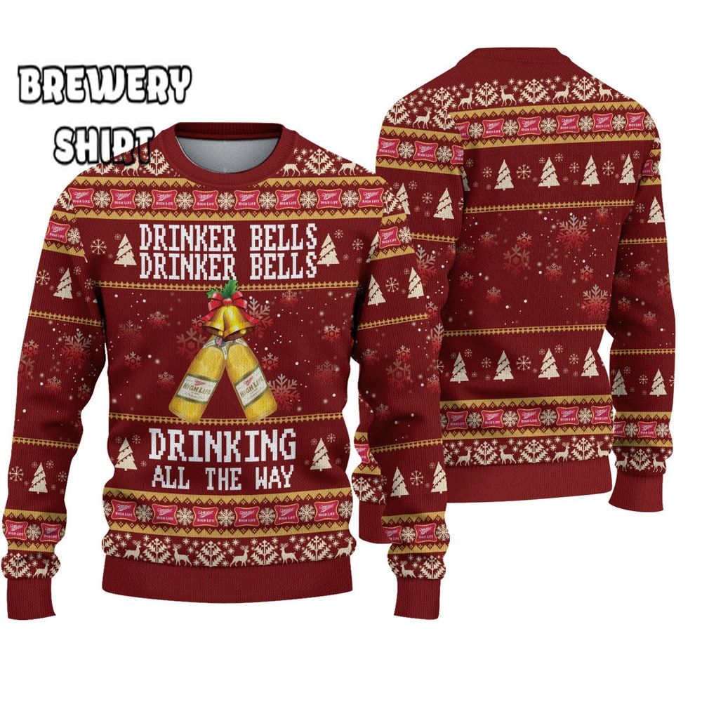 Miller High Life Drinker Bells Ugly Christmas Sweater