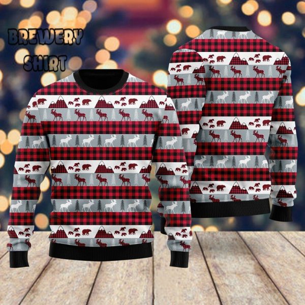 Reindeer And Beer On Buffalo Plaid Ugly Sweater