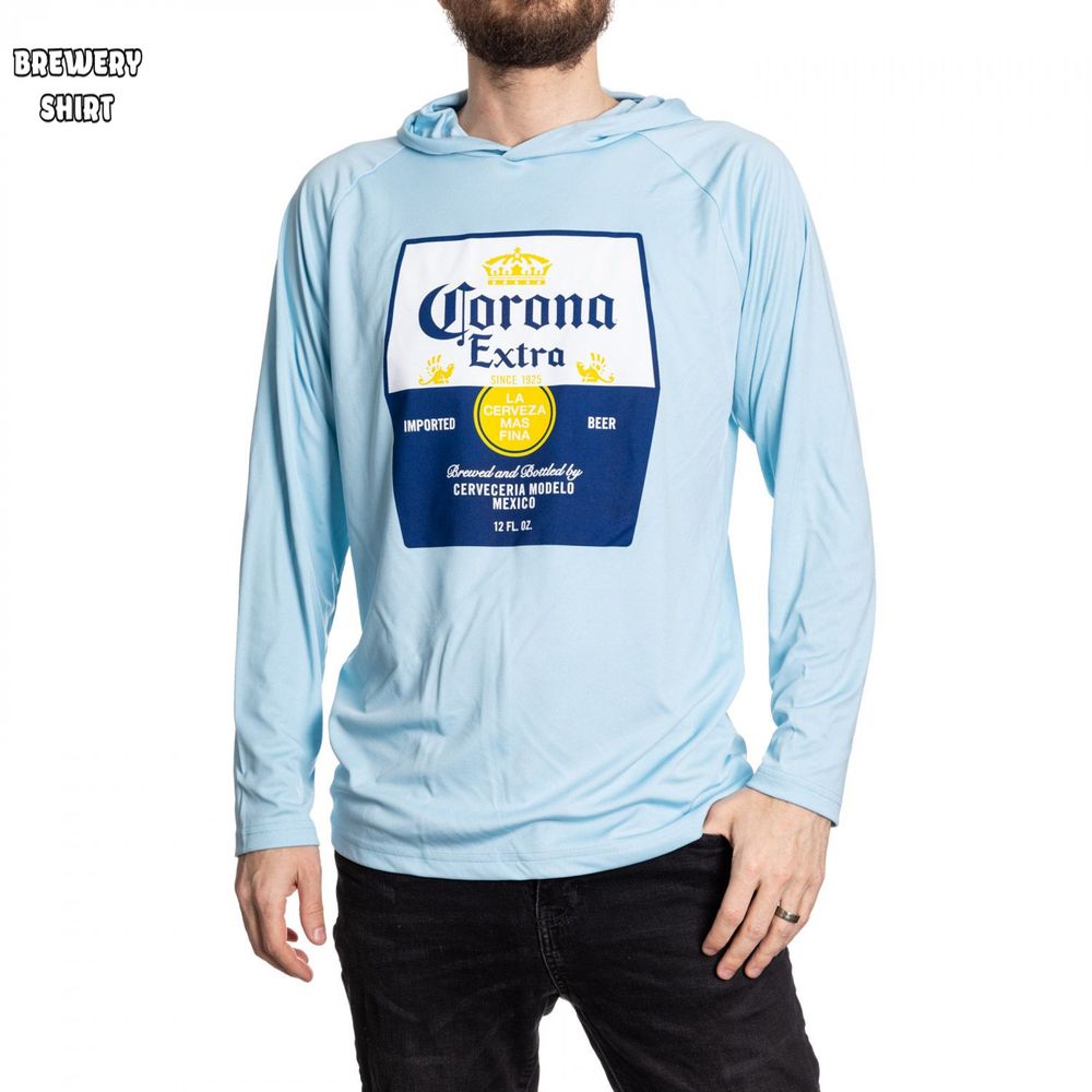 Corona Extra Label Blue Colorway Long Sleeved Hooded T-Shirt