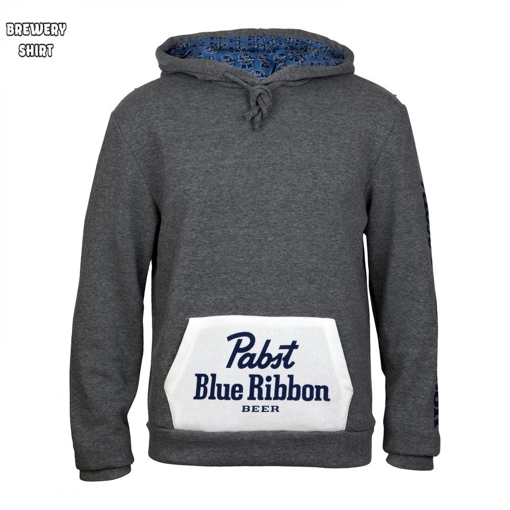 Pabst Blue Ribbon Logo Charcoal Pocket Hoodie with Inside Pattern